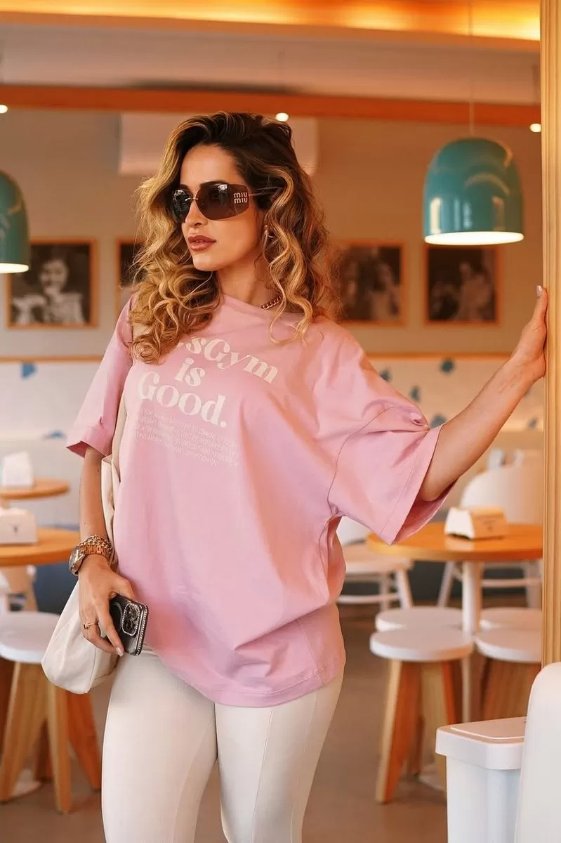 Lets Gym - Light Pink Minimal Glow Oversized T-Shirt - 2842ROC