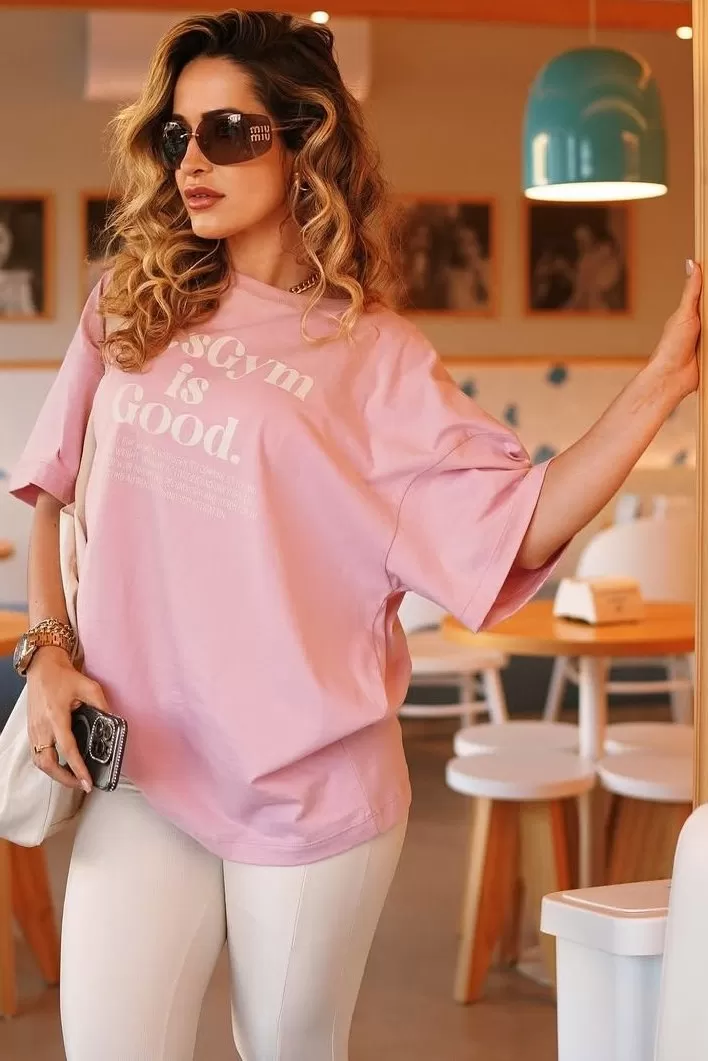 Lets Gym - Light Pink Minimal Glow Oversized T-Shirt - 2842ROC