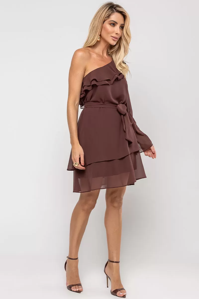 Miss Misses - Betânia Crepe One Shoulder Dress with Frill in Brown - 54535214 Miss Misses - Betânia Crepe One Shoulder Dress with Frill in Brown - 54535214