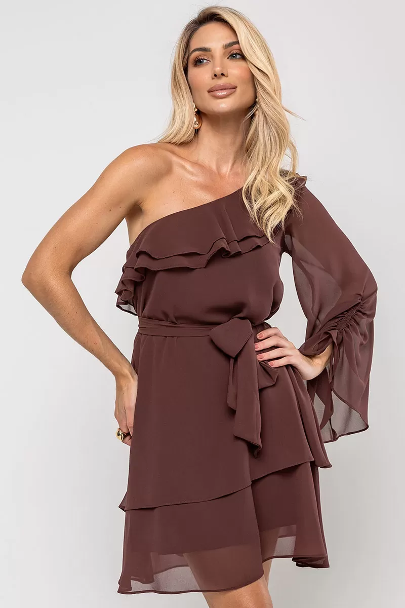 Miss Misses - Betânia Crepe One Shoulder Dress with Frill in Brown - 54535214 Miss Misses - Betânia Crepe One Shoulder Dress with Frill in Brown - 54535214