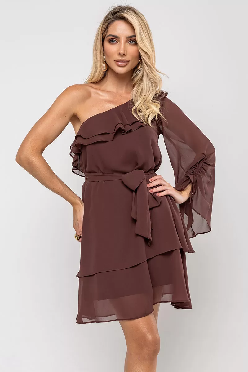 Miss Misses - Betânia Crepe One Shoulder Dress with Frill in Brown - 54535214 Miss Misses - Betânia Crepe One Shoulder Dress with Frill in Brown - 54535214