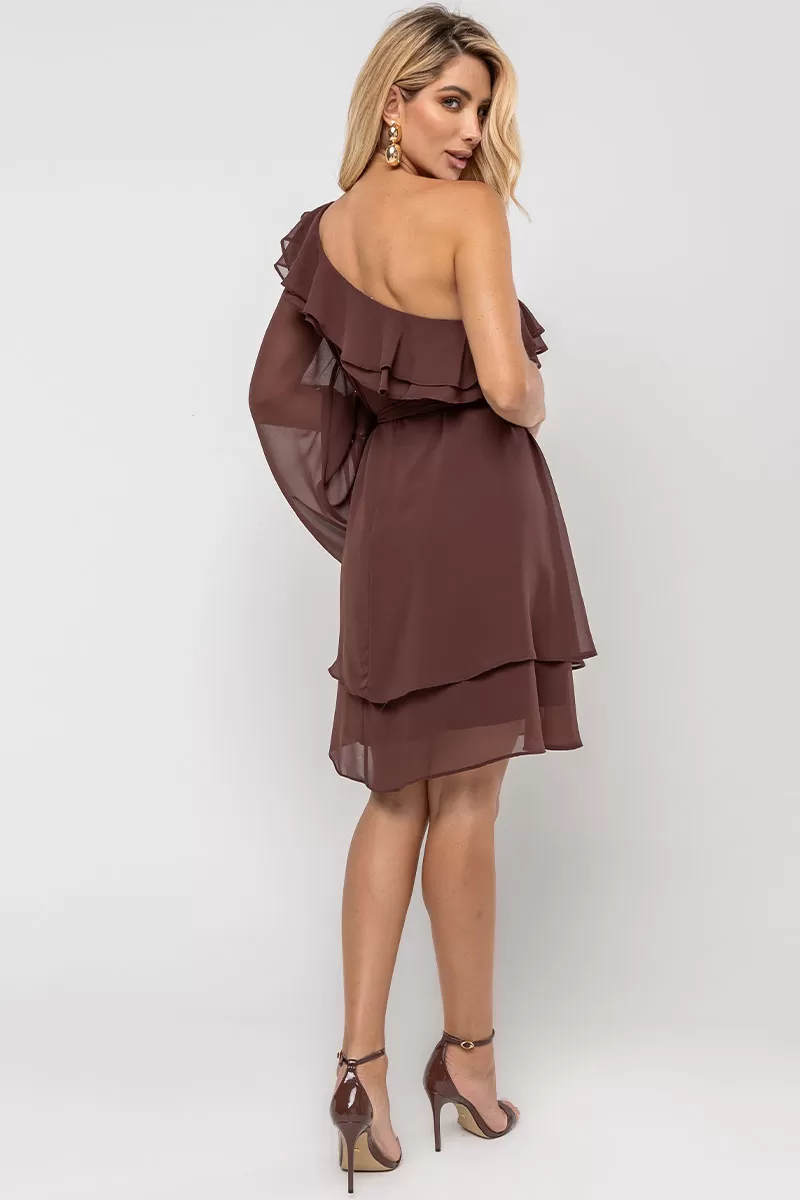 Miss Misses - Betânia Crepe One Shoulder Dress with Frill in Brown - 54535214 Miss Misses - Betânia Crepe One Shoulder Dress with Frill in Brown - 54535214
