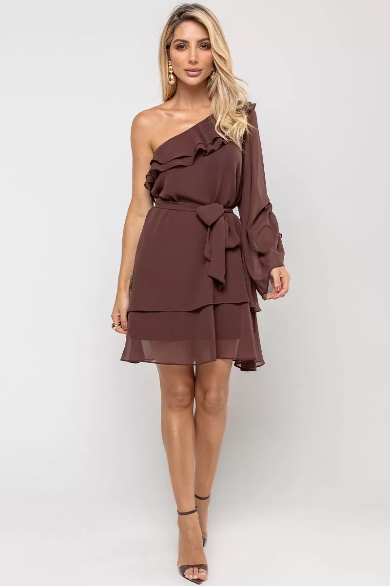 Miss Misses - Betânia Crepe One Shoulder Dress with Frill in Brown - 54535214