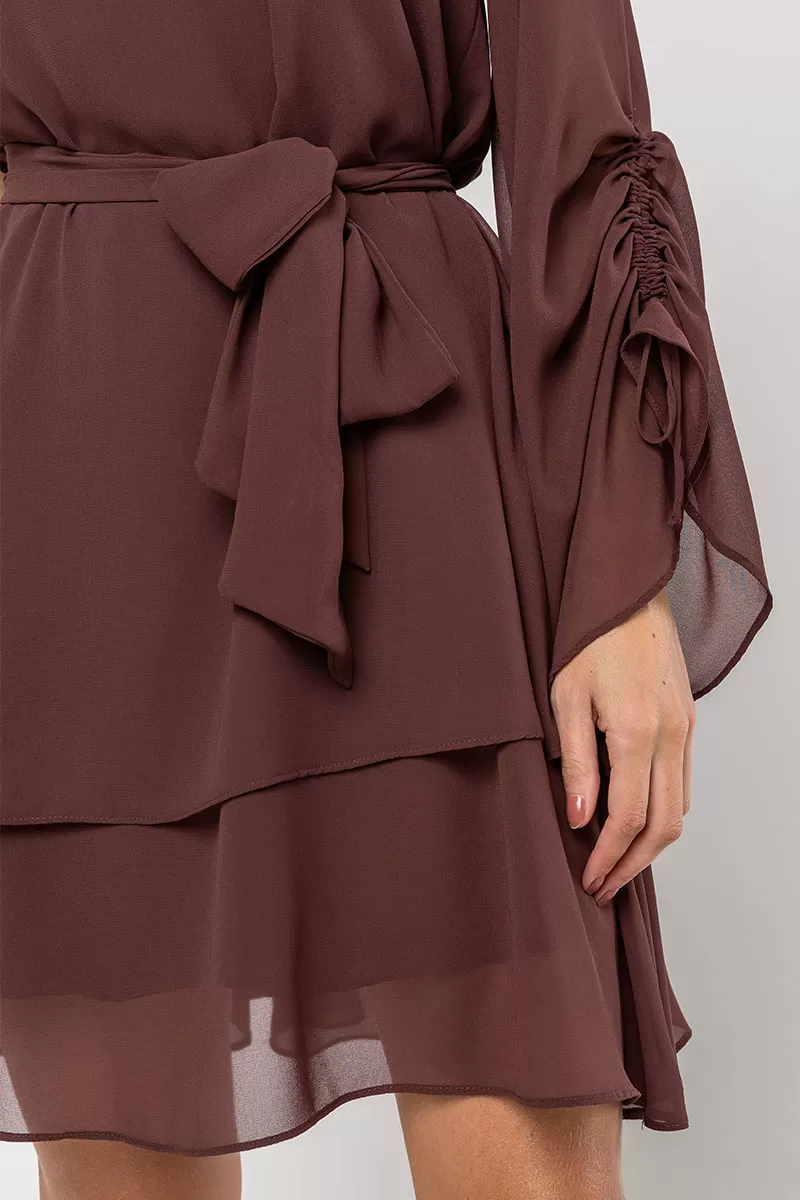 Miss Misses - Betânia Crepe One Shoulder Dress with Frill in Brown - 54535214 Miss Misses - Betânia Crepe One Shoulder Dress with Frill in Brown - 54535214