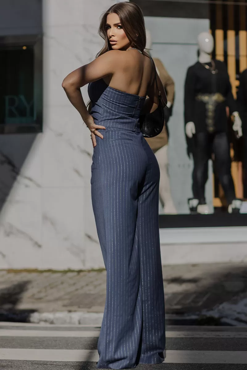 Miss Misses - Ieda Cropped Set and Blue Pinstripe Pants - 54574004 Miss Misses - Ieda Cropped Set and Blue Pinstripe Pants - 54574004