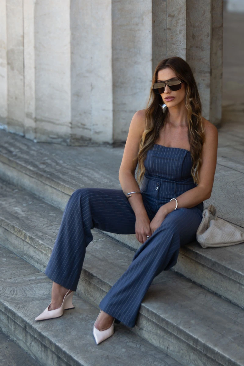 Miss Misses - Ieda Cropped Set and Blue Pinstripe Pants - 54574004 Miss Misses - Ieda Cropped Set and Blue Pinstripe Pants - 54574004