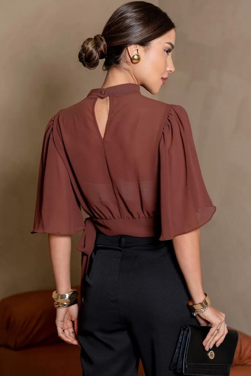 Miss Misses - Miss Misses Chiffon Shirt with Godet Sleeve and Brown Tie - 54225214 Miss Misses - Miss Misses Chiffon Shirt with Godet Sleeve and Brown Tie - 54225214
