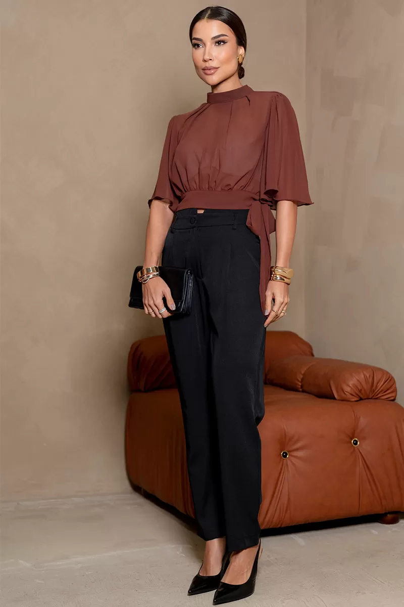 Miss Misses - Miss Misses Chiffon Shirt with Godet Sleeve and Brown Tie - 54225214 Miss Misses - Miss Misses Chiffon Shirt with Godet Sleeve and Brown Tie - 54225214