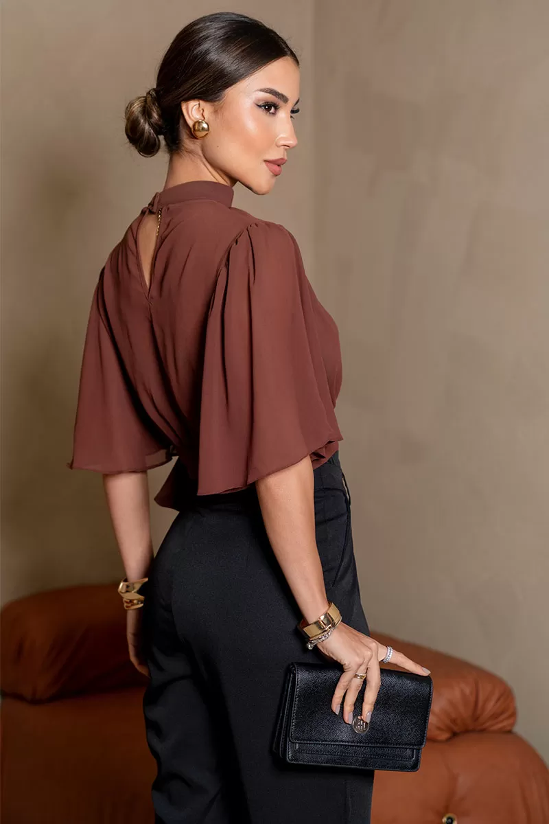 Miss Misses - Miss Misses Chiffon Shirt with Godet Sleeve and Brown Tie - 54225214 Miss Misses - Miss Misses Chiffon Shirt with Godet Sleeve and Brown Tie - 54225214