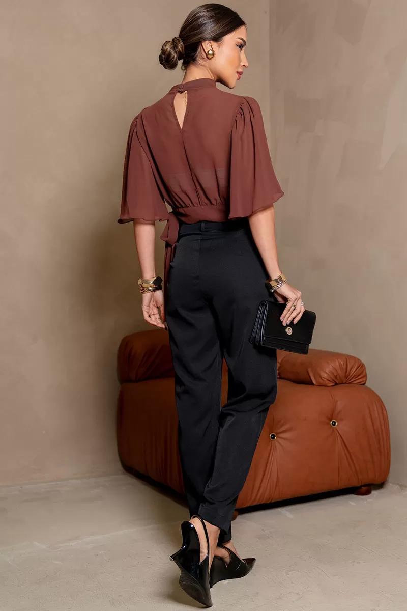 Miss Misses - Miss Misses Chiffon Shirt with Godet Sleeve and Brown Tie - 54225214 Miss Misses - Miss Misses Chiffon Shirt with Godet Sleeve and Brown Tie - 54225214