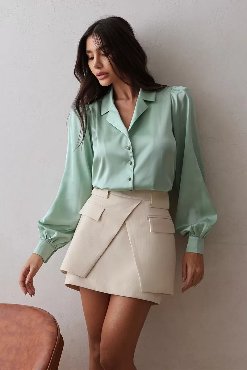 Dot Clothing - Dot Clothing Satin Shirt with Green Collar - 2671VERDE