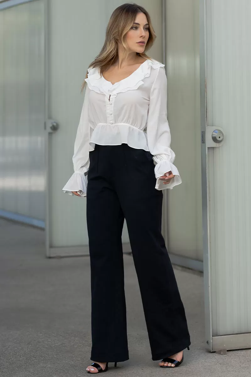 Miss Misses - Pamela Shirt With Frill And Button Long Sleeve Off White - 80575030 Miss Misses - Pamela Shirt With Frill And Button Long Sleeve Off White - 80575030