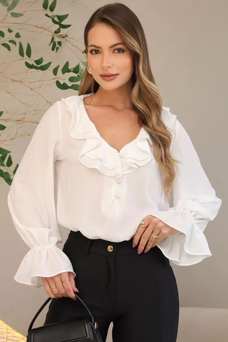 Miss Misses - Pamela Shirt With Frill And Button Long Sleeve Off White - 80575030