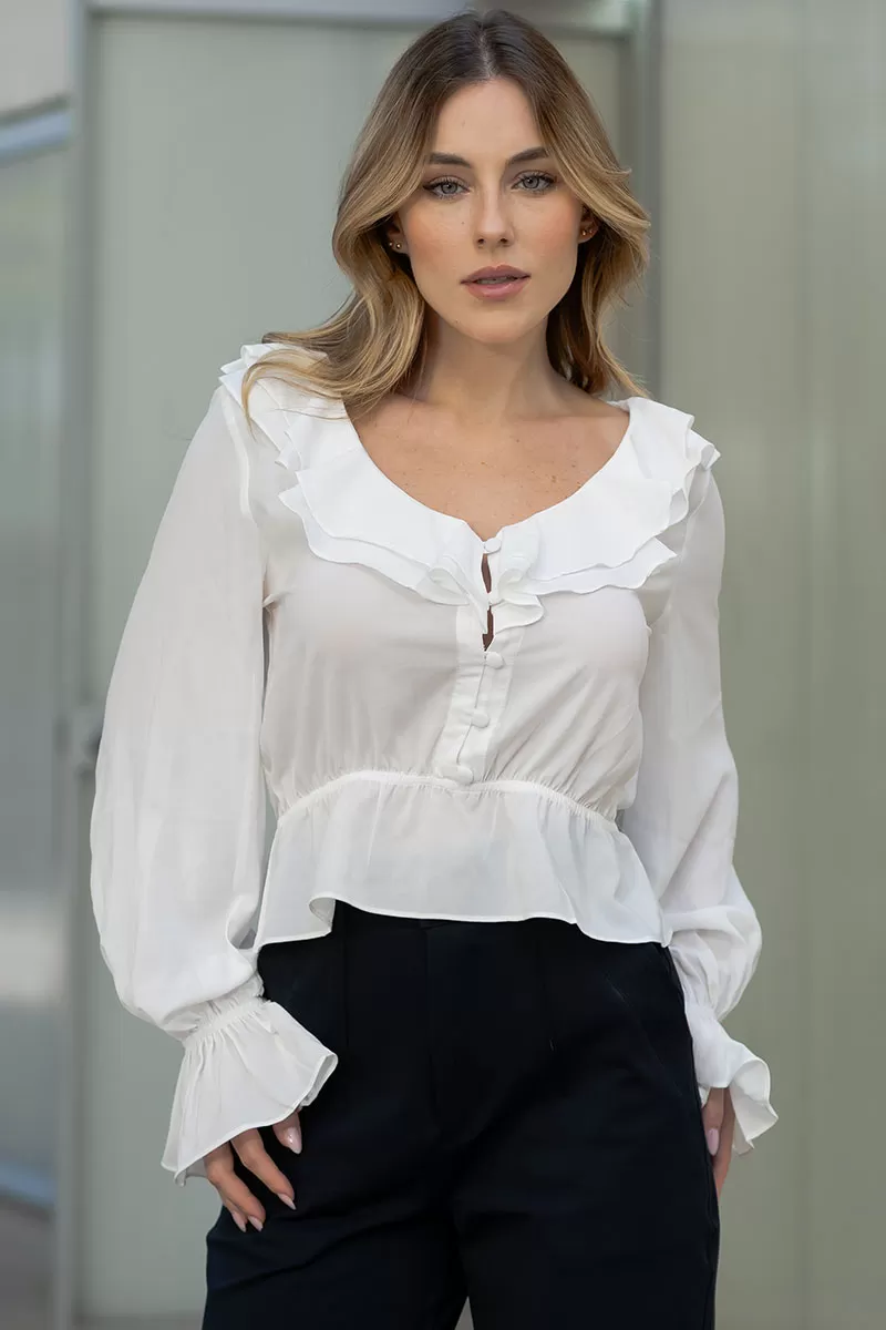 Miss Misses - Pamela Shirt With Frill And Button Long Sleeve Off White - 80575030
