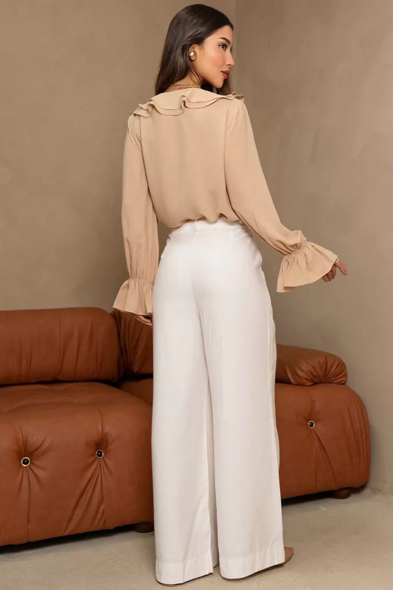 Miss Misses - Pamela Shirt With Frill And Button Long Sleeve Beige - 80575215 Miss Misses - Pamela Shirt With Frill And Button Long Sleeve Beige - 80575215