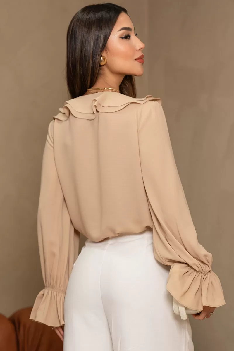 Miss Misses - Pamela Shirt With Frill And Button Long Sleeve Beige - 80575215 Miss Misses - Pamela Shirt With Frill And Button Long Sleeve Beige - 80575215