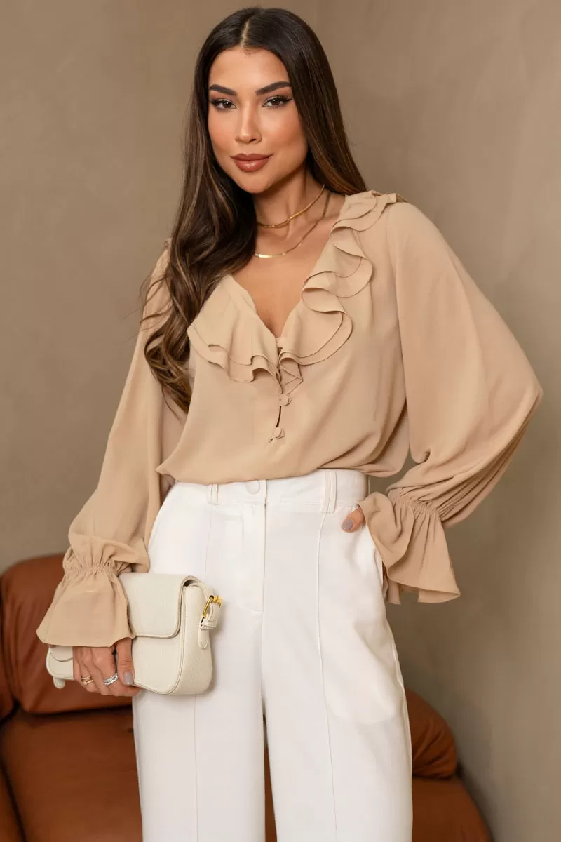 Miss Misses - Pamela Shirt With Frill And Button Long Sleeve Beige - 80575215