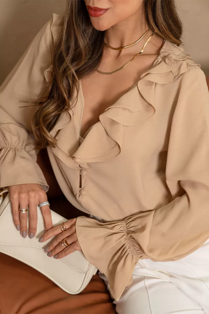 Miss Misses - Pamela Shirt With Frill And Button Long Sleeve Beige - 80575215 Miss Misses - Pamela Shirt With Frill And Button Long Sleeve Beige - 80575215