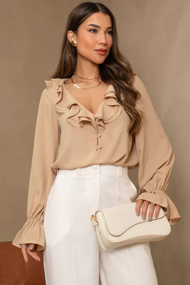 Miss Misses - Pamela Shirt With Frill And Button Long Sleeve Beige - 80575215 Miss Misses - Pamela Shirt With Frill And Button Long Sleeve Beige - 80575215