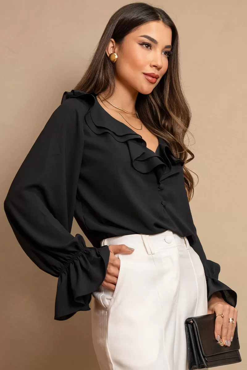Miss Misses - Pamela Shirt with Frill and Buttons, Long Sleeve, Black - 80575001 Miss Misses - Pamela Shirt with Frill and Buttons, Long Sleeve, Black - 80575001