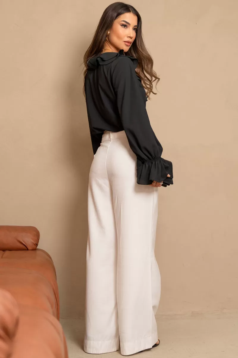 Miss Misses - Pamela Shirt with Frill and Buttons, Long Sleeve, Black - 80575001 Miss Misses - Pamela Shirt with Frill and Buttons, Long Sleeve, Black - 80575001