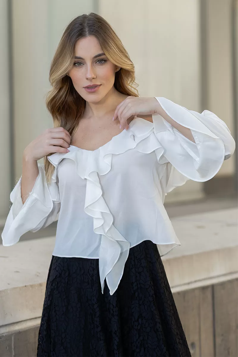 Miss Misses - Poliana Crepe Long Sleeve Openwork White Shirt - 80576030 Miss Misses - Poliana Crepe Long Sleeve Openwork White Shirt - 80576030