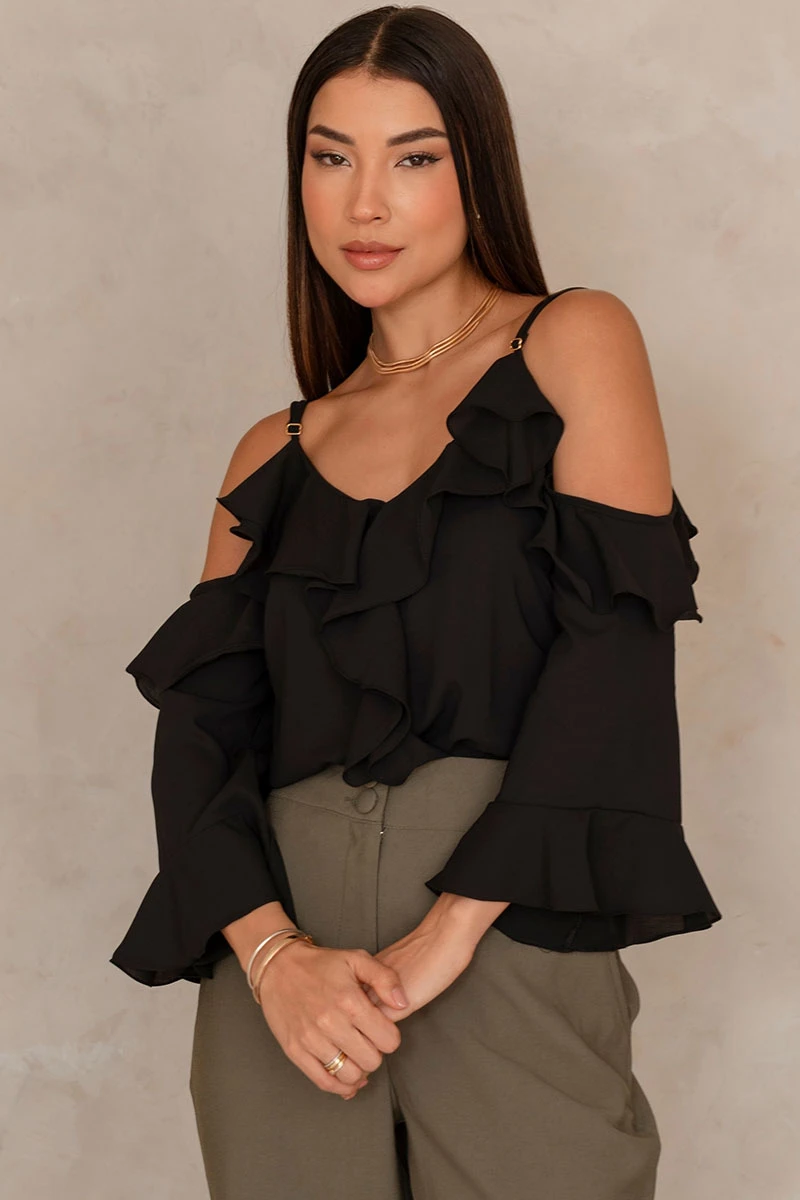 Miss Misses - Poliana Crepe Long Sleeve Openwork Shirt in Black - 80576001