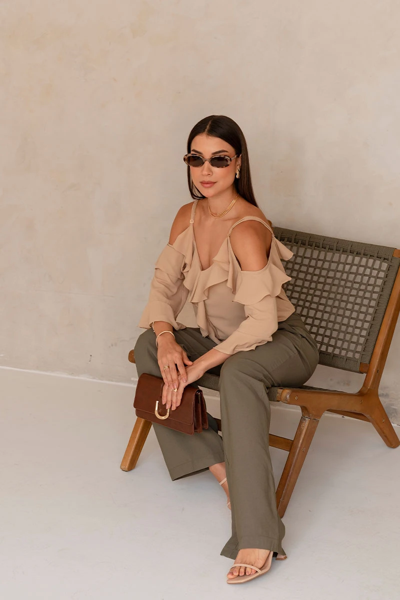 Miss Misses - Poliana Crepe Long Sleeve Openwork Beige Shirt - 80576215 Miss Misses - Poliana Crepe Long Sleeve Openwork Beige Shirt - 80576215