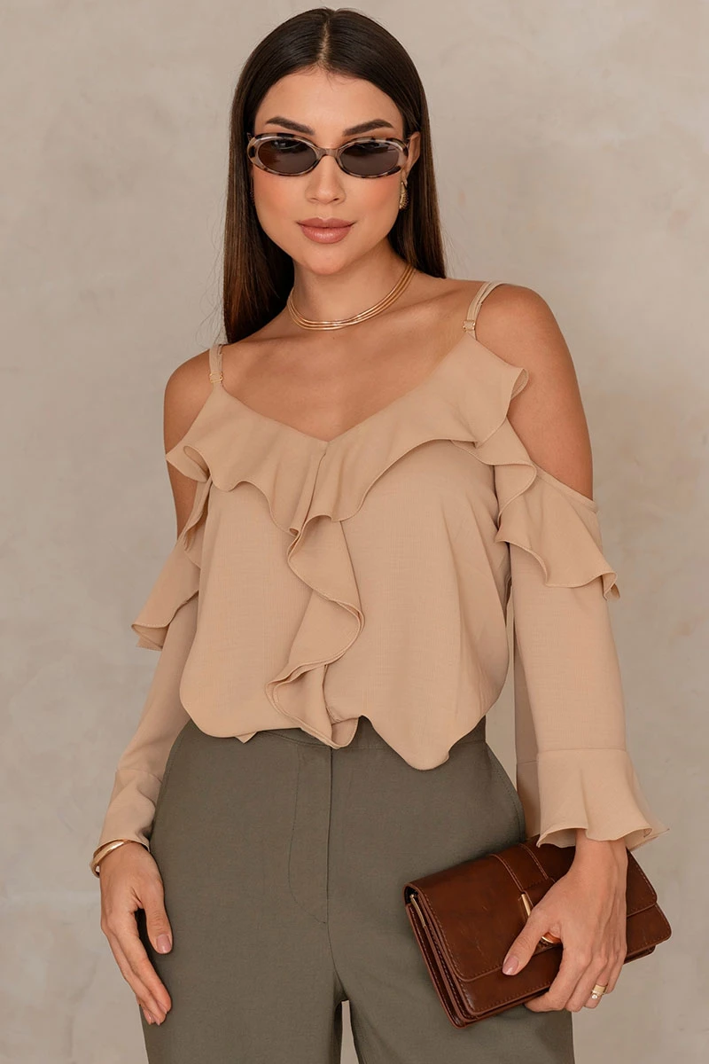 Miss Misses - Poliana Crepe Long Sleeve Openwork Beige Shirt - 80576215