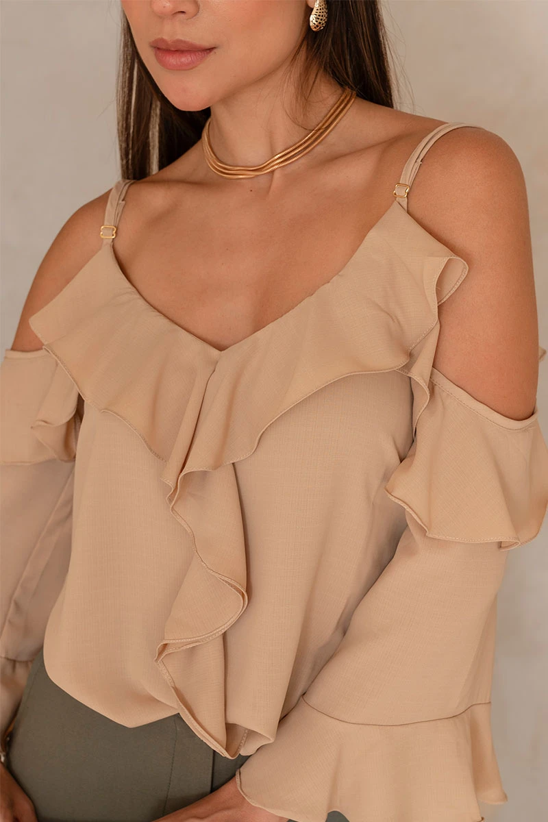 Miss Misses - Poliana Crepe Long Sleeve Openwork Beige Shirt - 80576215 Miss Misses - Poliana Crepe Long Sleeve Openwork Beige Shirt - 80576215