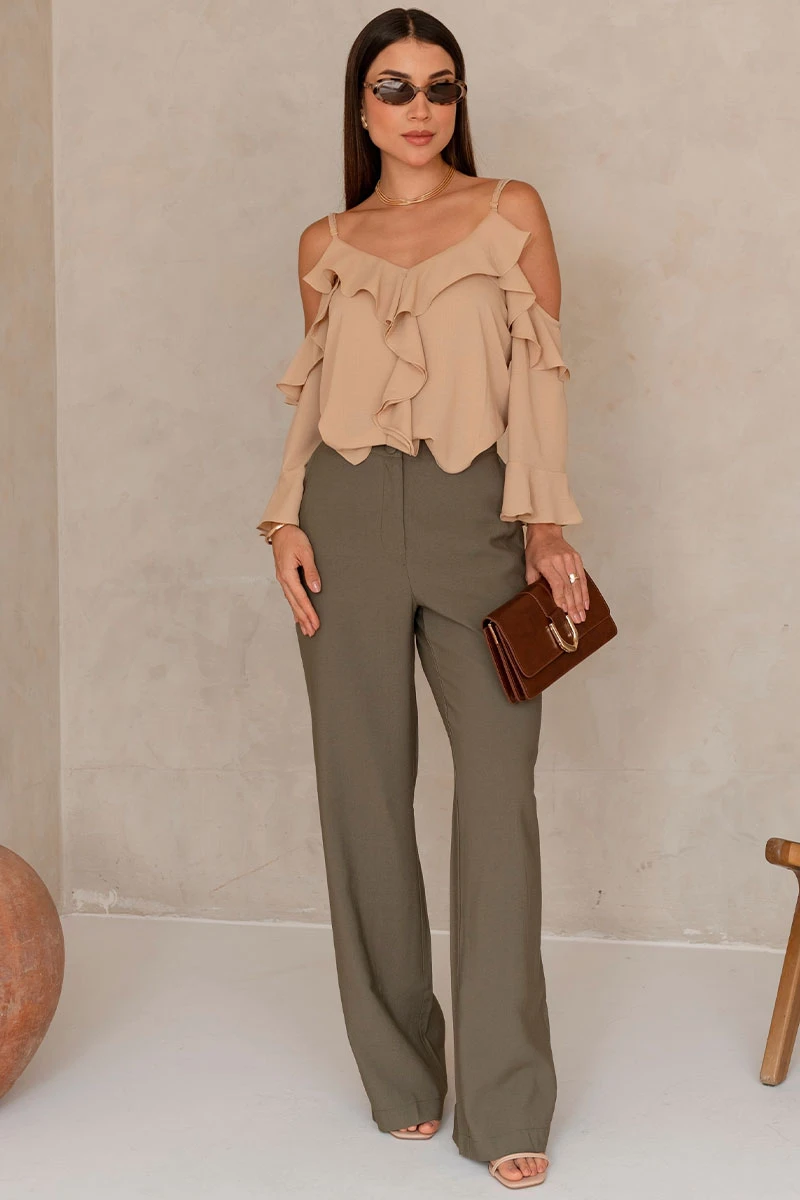 Miss Misses - Poliana Crepe Long Sleeve Openwork Beige Shirt - 80576215 Miss Misses - Poliana Crepe Long Sleeve Openwork Beige Shirt - 80576215