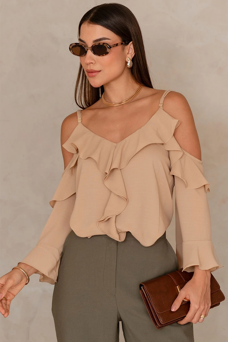 Miss Misses - Poliana Crepe Long Sleeve Openwork Beige Shirt - 80576215 Miss Misses - Poliana Crepe Long Sleeve Openwork Beige Shirt - 80576215
