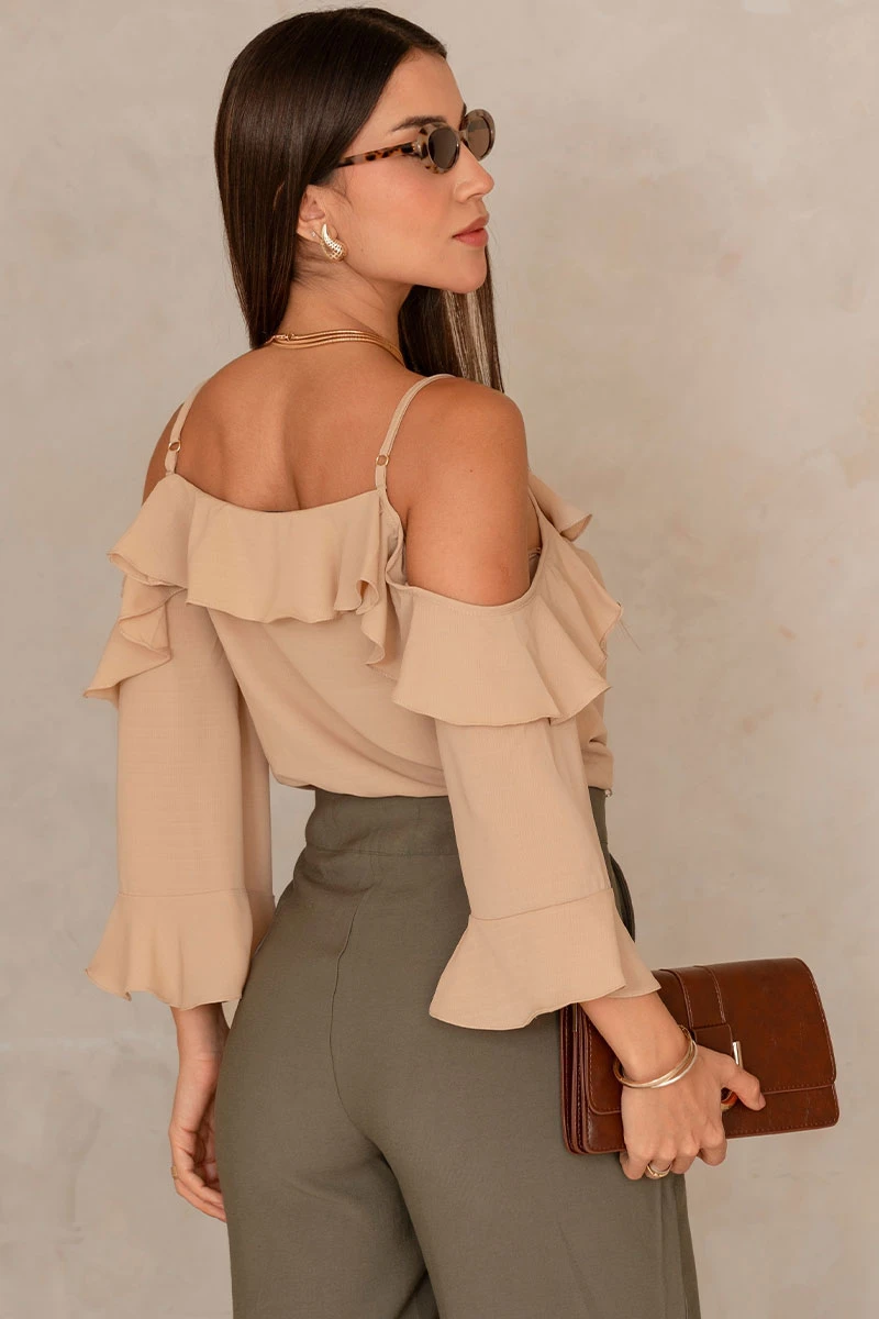 Miss Misses - Poliana Crepe Long Sleeve Openwork Beige Shirt - 80576215 Miss Misses - Poliana Crepe Long Sleeve Openwork Beige Shirt - 80576215