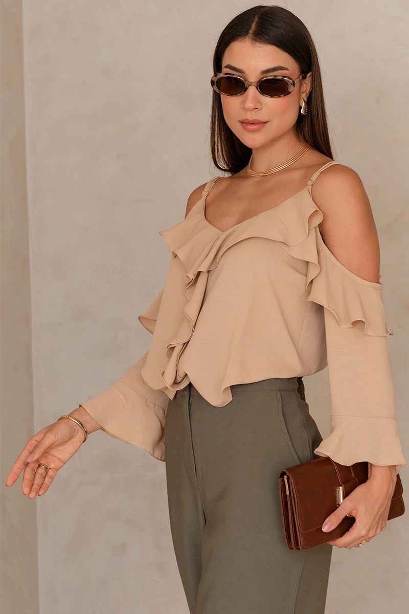 Miss Misses - Poliana Crepe Long Sleeve Openwork Beige Shirt - 80576215 Miss Misses - Poliana Crepe Long Sleeve Openwork Beige Shirt - 80576215