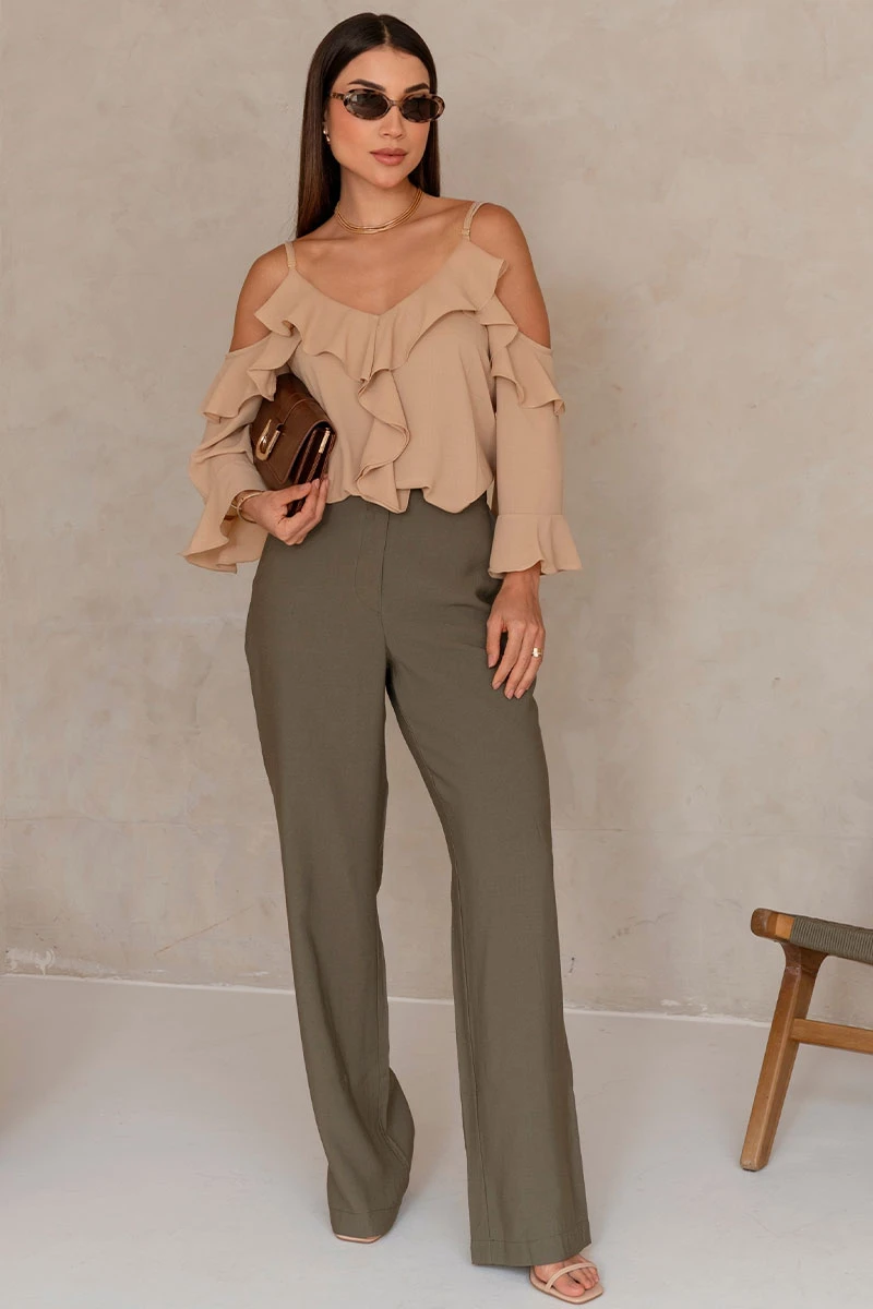 Miss Misses - Poliana Crepe Long Sleeve Openwork Beige Shirt - 80576215 Miss Misses - Poliana Crepe Long Sleeve Openwork Beige Shirt - 80576215