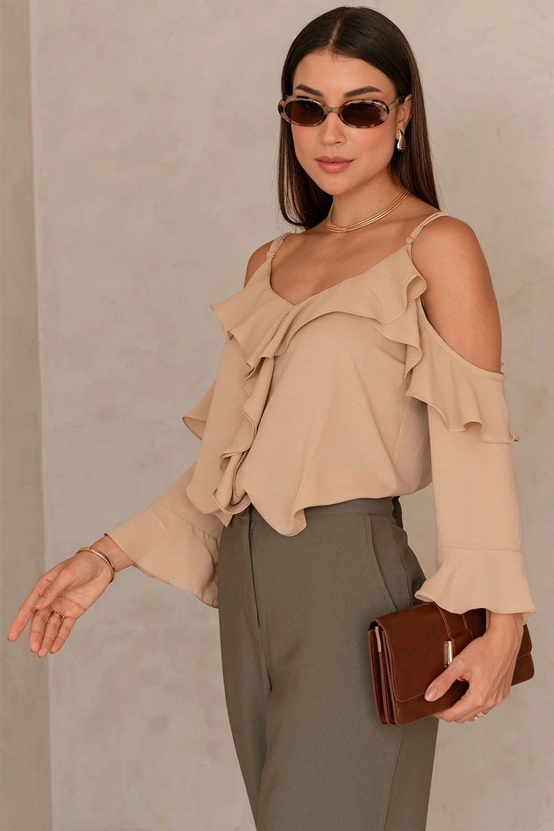 Miss Misses - Poliana Crepe Long Sleeve Openwork Beige Shirt - 80576215 Miss Misses - Poliana Crepe Long Sleeve Openwork Beige Shirt - 80576215