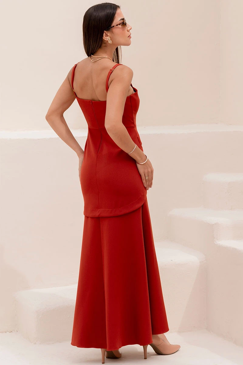 Miss Misses - Antonella Long Dress with Straps and Slits in Rust - 54599025