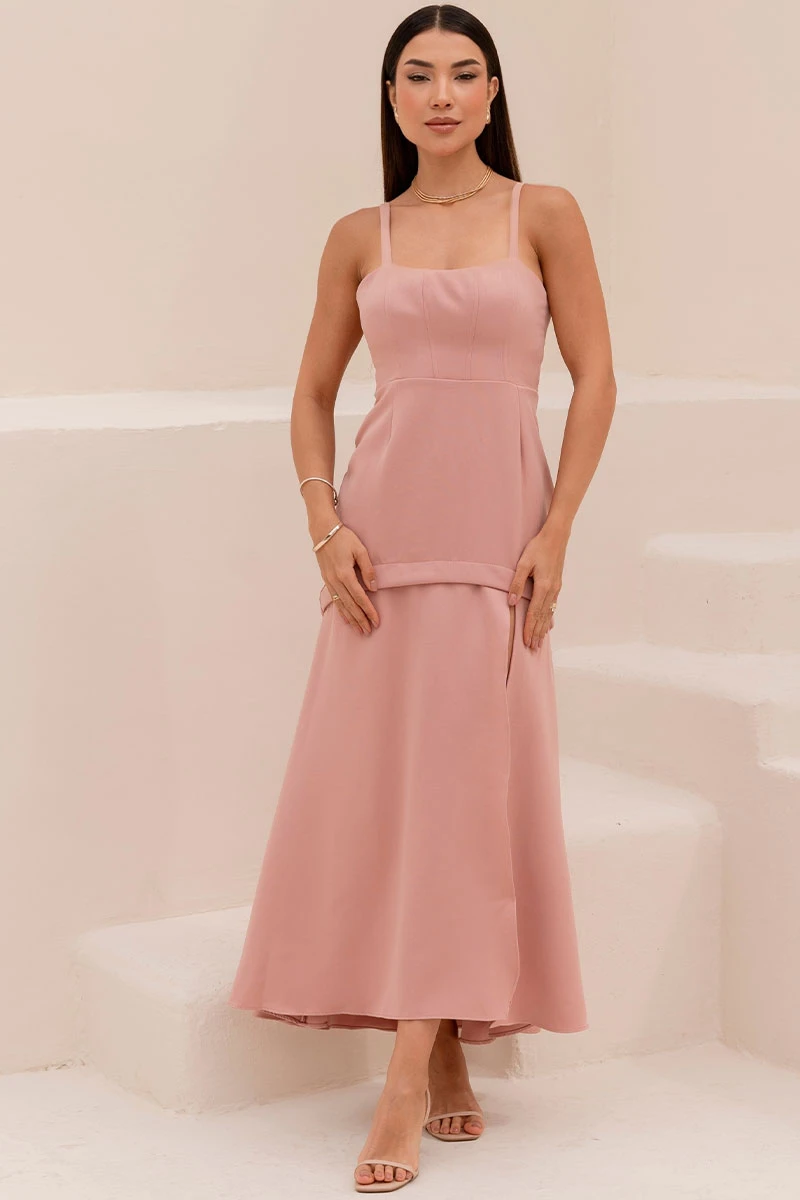 Miss Misses - Antonella Long Dress with Straps and Slits in Pink - 54599031