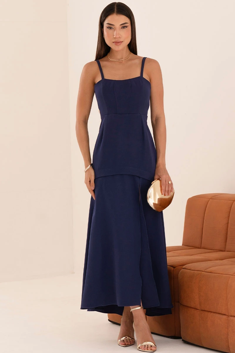Miss Misses - Antonella Long Dress with Straps and Slit Navy Blue - 54599004