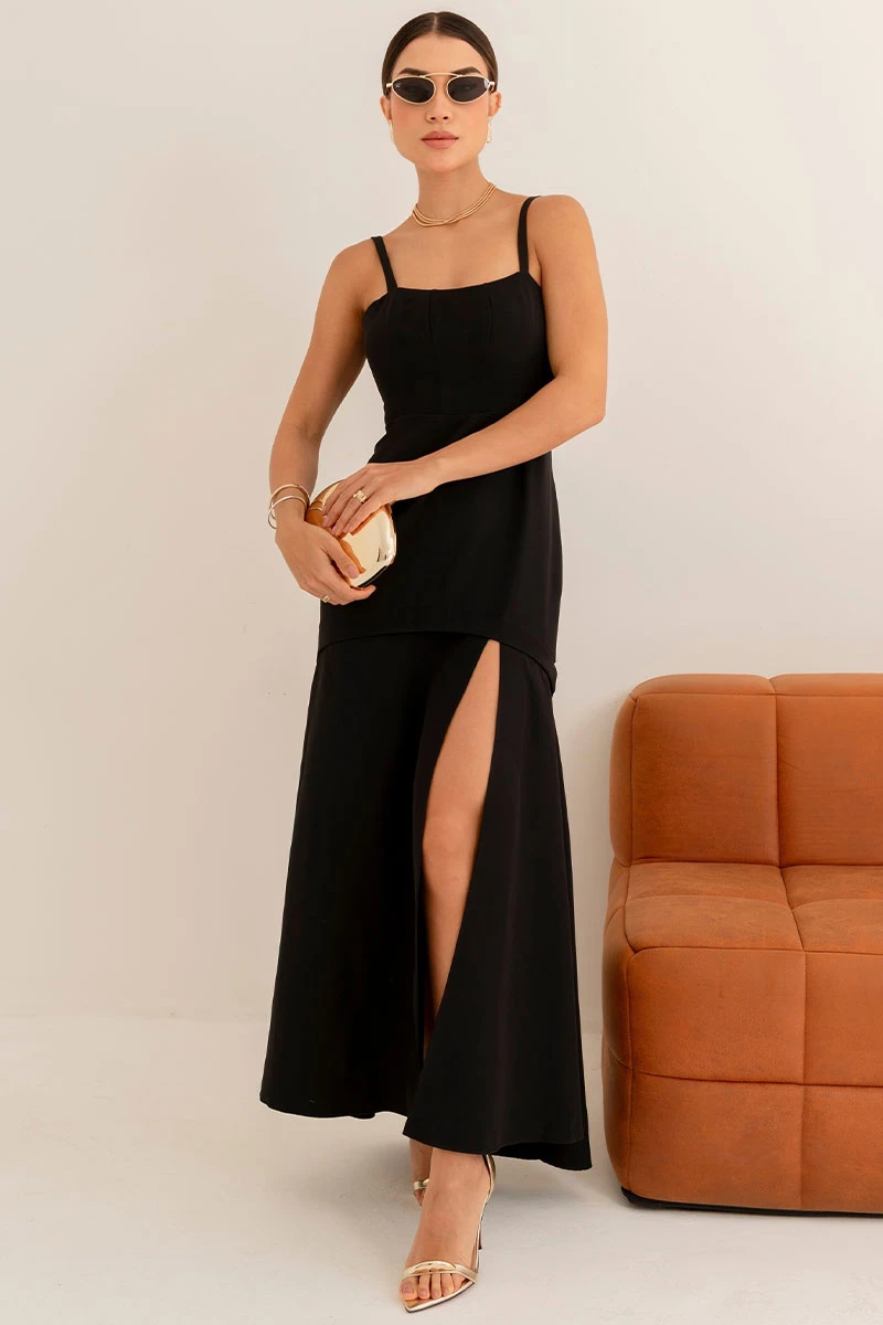 Miss Misses - Antonella Long Dress with Straps and Slit in Black - 54599001