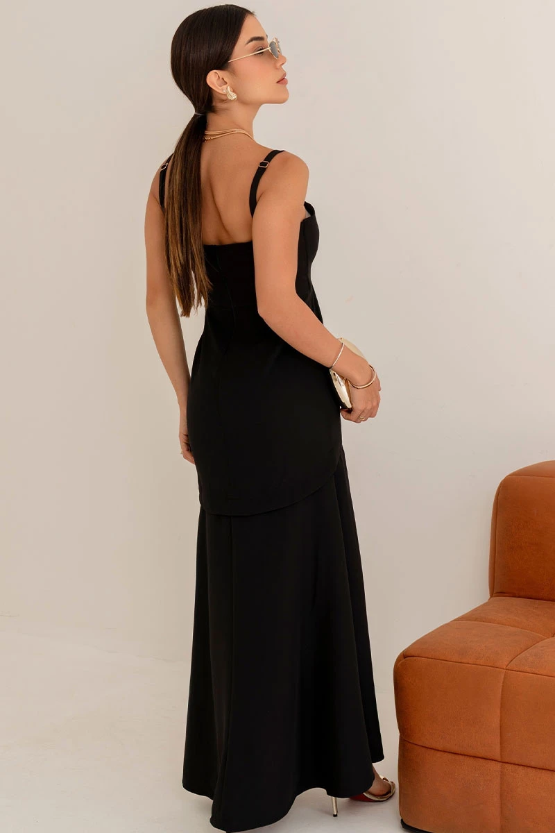 Miss Misses - Antonella Long Dress with Straps and Slit in Black - 54599001