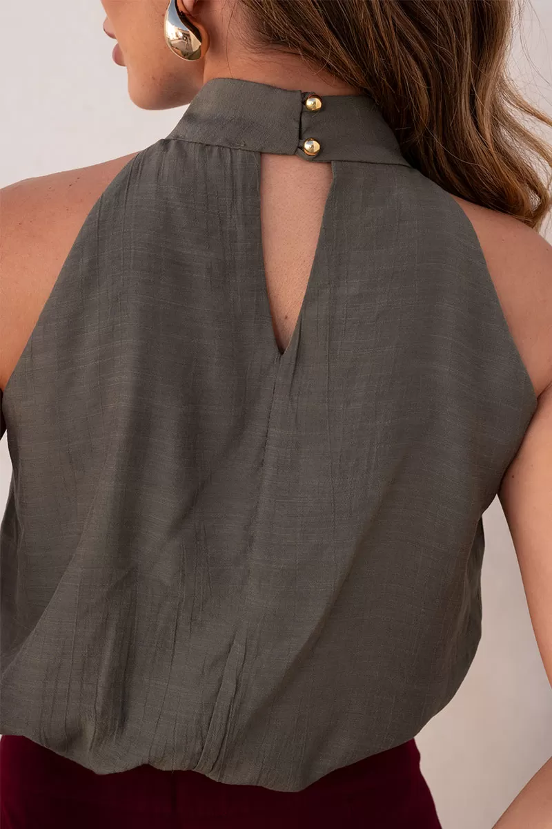 Miss Misses - Irene Shirt with Moss Green Metal Flower Detail - 54584038