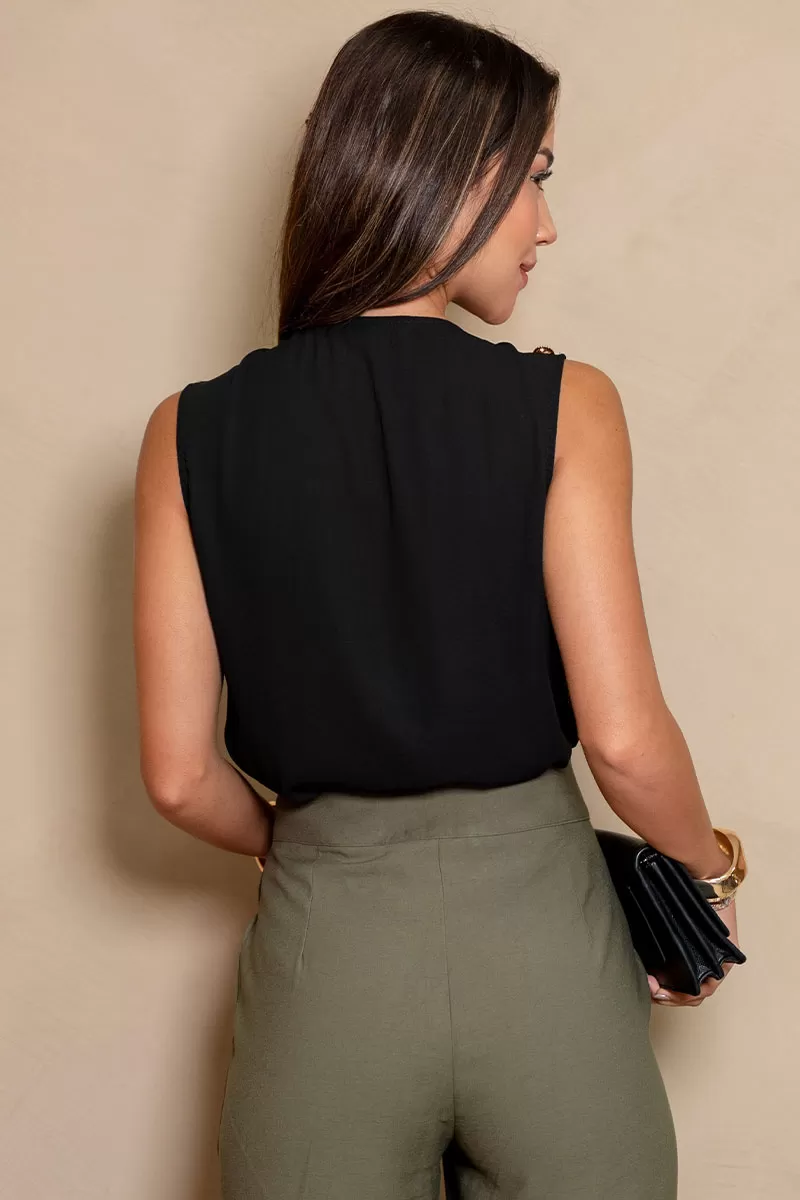 Miss Misses - Dora Crepe Shirt with Booto Detail on Shoulder in Black - 54609001
