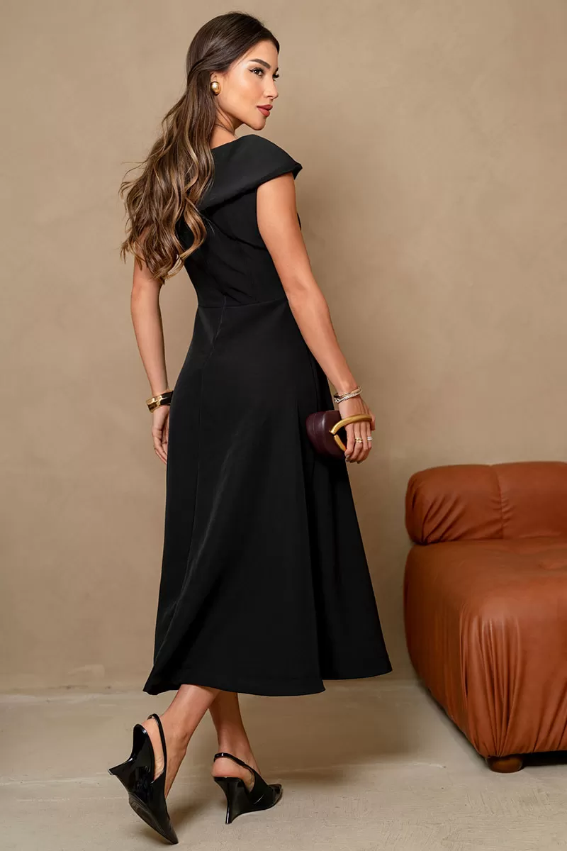 Miss Misses - Hilda Dress with Flower Detail on the Collar in Black - 54592001 Miss Misses - Hilda Dress with Flower Detail on the Collar in Black - 54592001