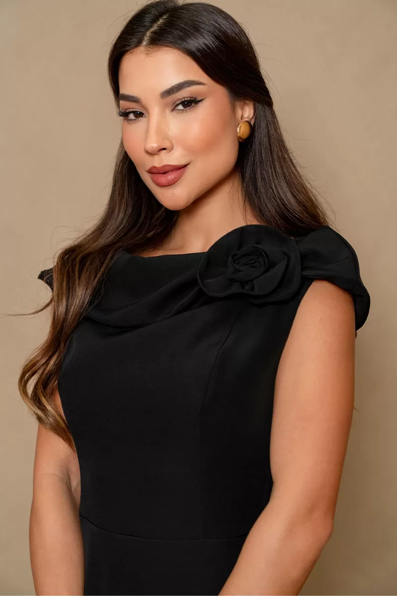 Miss Misses - Hilda Dress with Flower Detail on the Collar in Black - 54592001 Miss Misses - Hilda Dress with Flower Detail on the Collar in Black - 54592001