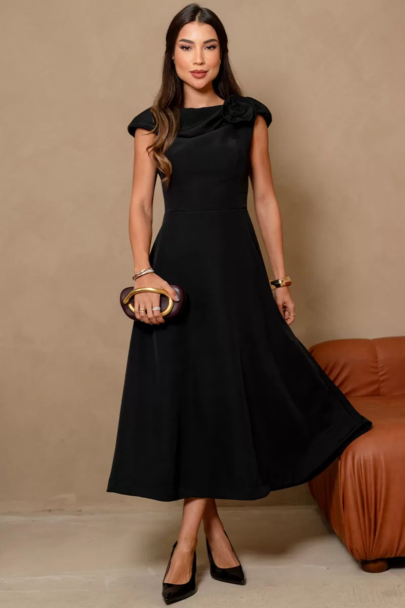 Miss Misses - Hilda Dress with Flower Detail on the Collar in Black - 54592001