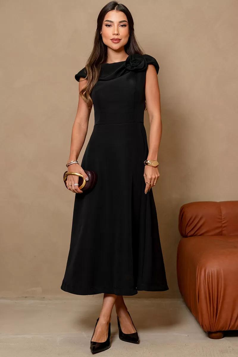 Miss Misses - Hilda Dress with Flower Detail on the Collar in Black - 54592001 Miss Misses - Hilda Dress with Flower Detail on the Collar in Black - 54592001