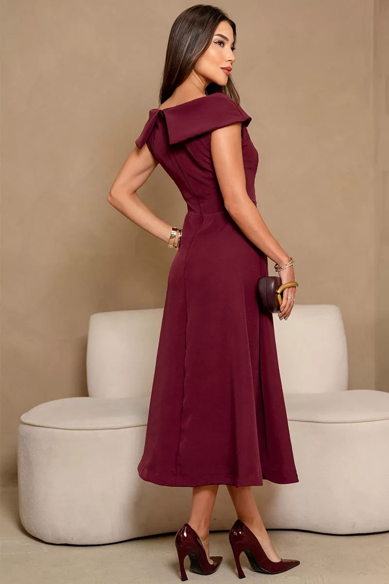 Miss Misses - Hilda Dress with Flower Detail on the Wine Collar - 54592006 Miss Misses - Hilda Dress with Flower Detail on the Wine Collar - 54592006