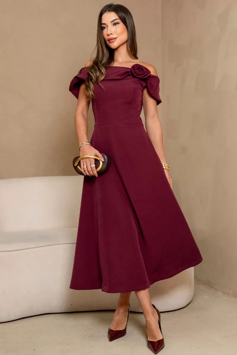 Miss Misses - Hilda Dress with Flower Detail on the Wine Collar - 54592006 Miss Misses - Hilda Dress with Flower Detail on the Wine Collar - 54592006