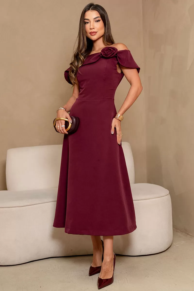 Miss Misses - Hilda Dress with Flower Detail on the Wine Collar - 54592006 Miss Misses - Hilda Dress with Flower Detail on the Wine Collar - 54592006